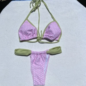 XS Pink Polka Dot Bikini; Green Straps: Adjustable Top Cheeky Adjustable Bottoms - Picture 1 of 10