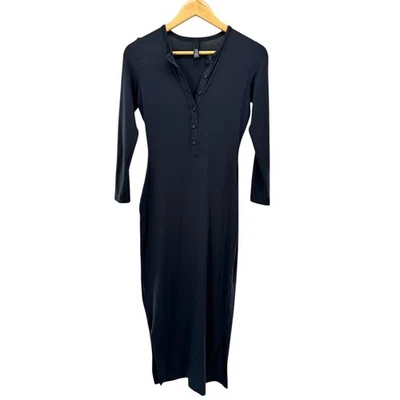 SKIMS Sleep Henley Long Dress Black Micro Modal Ribbed Maxi Nightgown S - Image 1 of 4