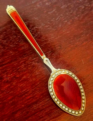 STUNNING Guilloche Enamel Jeweled Sterling Silver Red Spoon Watson Russian Style - Image 1 of 4