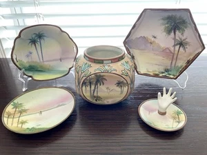 5pc Antique Nippon Morimura Moriage Handpainted Egyptian Sunset Vase Bowl Plate - Picture 1 of 24