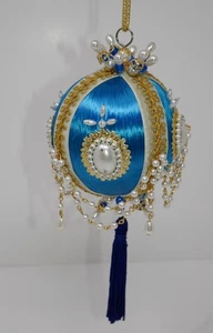 Distasio Blue Satin White & Gold Accent  Christmas Ball Ornament - Picture 1 of 6