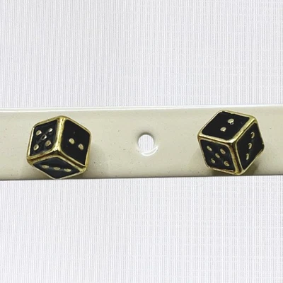 Dice Earrings Black Gold Tone Enamel Posts Casino Vegas Gambling Game Studs 1/4" - Image 1 of 4