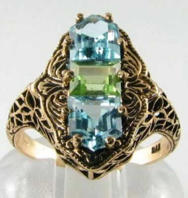 9K 9K GOLD PERIDOT BLUE TOPAZ FILIGREE VINTAGE INS RING FREE RESIZE - Image 1 of 4