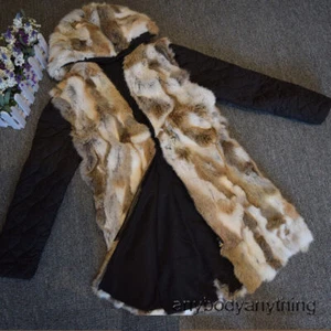 Hooded Womens Real Rabbit Fur Mid Long Liner Winter Parka Lined Size Warm ladies - Picture 1 of 32