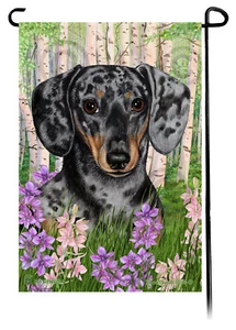 Spring Flowers Garden Flag - Shorthaired Dapple Light Black and Tan Dachshund - Picture 1 of 1
