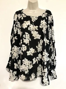 Maurices 3X blouse black white tan floral long pleated slit sleeve keyhole - Picture 1 of 9