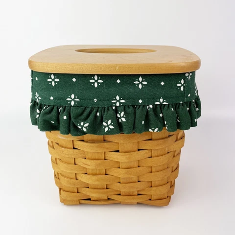Longaberger Tall Tissue Basket w/ Lid & Protector & Green Liner, signed & dated Cover