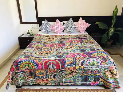 Queen Vintage Floral Kantha Quilt Blanket Bedspread Coverlet Bed Runner - Image 1 of 4