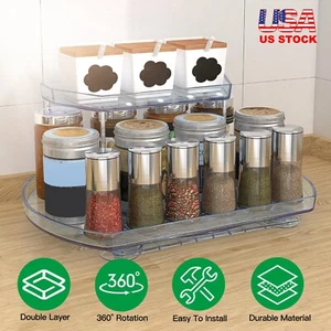 2-Tier Rotatable Organizer Transparent Tray Kitchen Storage Shelf Rack Holder - Picture 1 of 14