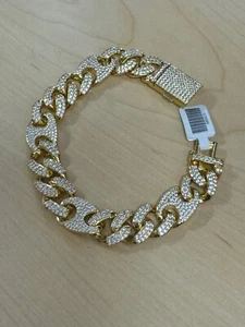Yellow Gold Plated CZ Men's Bracelet 8.5 Inches 13.8mm Wide - Picture 1 of 3