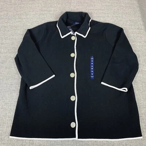 Chaps Black Cardigan Sweater Size 1X White Turn 3/4 Sleeves 100% Cotton NWT - Picture 1 of 5