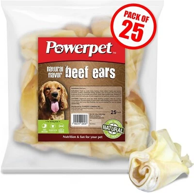 POWERPET ALL NATURAL Beef Cow Ears-DOG Treats 25CT Natural Flavor-FDA & USDA APPROVED
