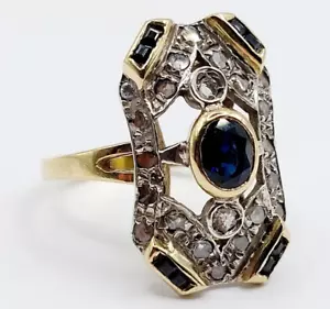 Anillo marquesa art deco oro 18k zafiro, diamante talla rosa y zafiros calibr... - Imagen 1 de 10