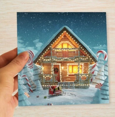 Tarjetas y paquetes de Navidad de cuento de hadas cabaña de troncos mágica chalet Elfos de Papá Noel Navidad Foto 1 de 4