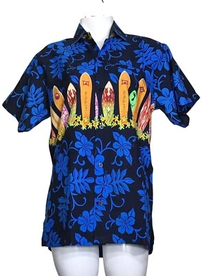 Рубашка любителя тропического серфинга для мальчиков 90-х годов Barefoot Attitude синяя оранжевая с цветочным рисунком - Изображение 1 из 4