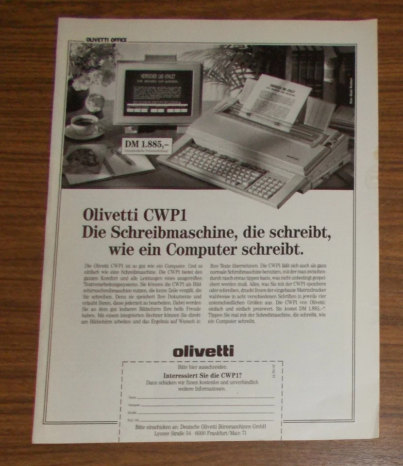 Seltene Werbung OLIVETTI CWP1 Word Processor Schreibsystem Textcomputer 1989 - Image 1 of 1