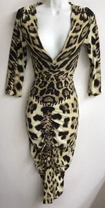 Roberto Cavalli Dress Brown Animal Print Ruched 3/4 Sleeve V-Neck Size 40/4 - Picture 1 of 12