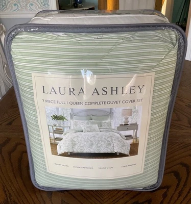 Laura Ashley Natalie Full/Queen Duvet Cover 7 Pc Set Green Floral & Stripes NIP - Image 1 of 4