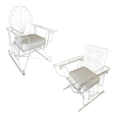 Mid-century Iron Wire Patio Slider Rocking Lounge Chair w/ Scrolling Arms, Pair - Image 1 of 4