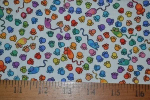 Cotton fabric, colorful cat & mouse print, 43" x 2.2 yards, preshrunk - Picture 1 of 5