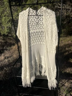 NWT Heartsoul Cream Crochet Knit Fringe Open Front Kimono Cardigan Sweater  - Image 1 of 4