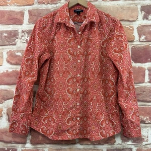 Lands End Top Shirt Womens 10 Pink Multicolor Boho Floral Abstract Button Front - Picture 1 of 9