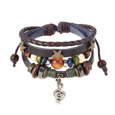 Pulsera envolvente de cuero marrón con cuentas para mujer ajustable botón de metal joyería ancha Foto 1 de 4