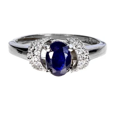 925 Sterling Silver Ring Oval Blue Sapphire 7x5mm Natural Gemstone Jewelry Sz 7 - Image 1 of 4