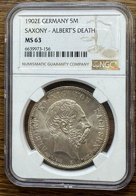 1902 E Germany 5 Mark Saxony Albert's Death NGC MS 63 - Image 1 of 3