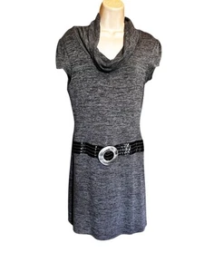 Taboo Gray Cowl Neck Knit Dress XL Faux Belt Cap Sleeves Tunic Casual Chic Y2K - Picture 1 of 7