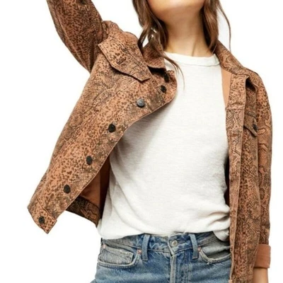 FREE PEOPLE Snake Trucker Jacket in Brown Snakeskin Print Denim - Image 1 of 4