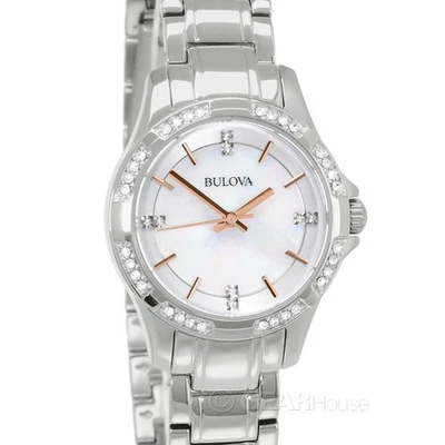 Reloj de vestir BULOVA para mujer con cristales pavé, esfera MOP de oro blanco y rosa, correa plateada Foto 1 de 4