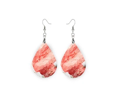Peach Agate Wood Dangle Teardrop Print Earrings Jewelry - Image 1 of 4