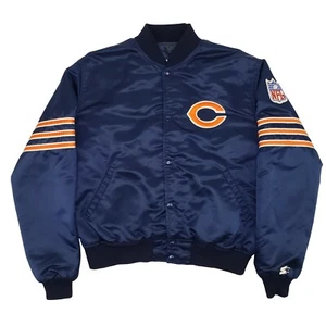 Vintage 80s Starter Chicago Bears Satin Bomber Jacket Mens Large Blue Button NFL - Picture 1 of 22