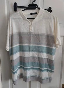 Bm Bonmarche Cream Grey Green Striped Short Sleeve Buttons Jumper Large - Picture 1 of 5