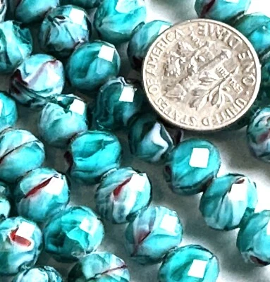Faceted Rondelle Millefiori Bead, Teal, 10mmX8mm, 17 Pcs - Image 1 of 3