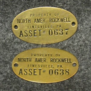 2 N American Rockwell Linesville PA Property Asset Tag # 0637 0638 2" Brass Oval - Picture 1 of 2