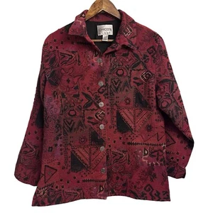 Chicos Tapestry Button Front Jacket Beaded Burgundy Red Geometric Jacket Large - Picture 1 of 10