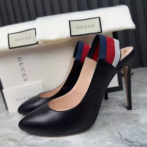 NEW GUCCI Web Pumps Stripe High Heels Black Leather 8.5 US or 38.5 EUR - Picture 1 of 24