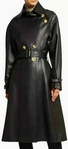 Stylish Women Leather Long Trench Coat Handmade Black Party Lambskin Designer - Picture 1 of 5