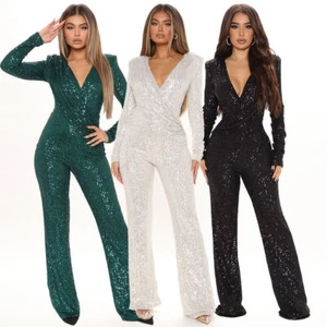 Women Sequin Jumpsuit V Neck Long Sleeve Sparkly One Piece Party Cocktail Romper - Picture 1 of 19