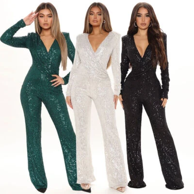 Women Sequin Jumpsuit V Neck Long Sleeve Sparkly One Piece Party Cocktail Romper - image 1 of 4