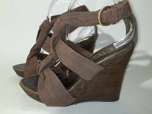 BCBG Paris Leather Wedge Sandals Size 10 B Soft Brown Stacked Heel Curly New! - Picture 1 of 10