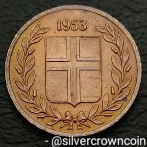 Iceland 1 Eyrir 1953. KM#8. One Cent Coin. Leaves Flank.  - Picture 1 of 7