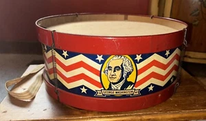 "Tambor de juguete vintage J Chein & Co. raro Lg Lincoln & Washington de colección lata 13"" X 5,5""" - Imagen 1 de 5