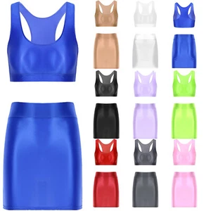 Women's Glossy Outfit Crop Top Bodycon Skirt Mini Club Dress Lingerie Underwear - Picture 1 of 85