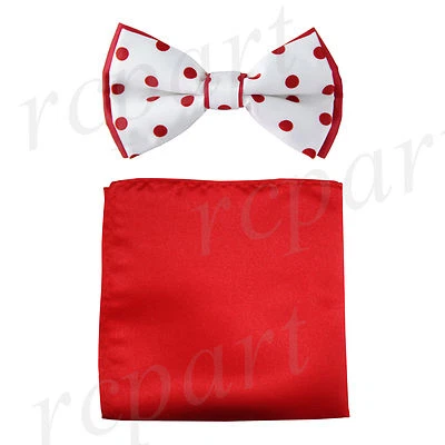New men's pre-tied polka dot two tone bowtie red hankie set white formal party - Image 1 of 4
