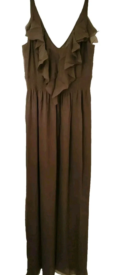 Maxi Vestido Rebecca Taylor Para Mujer Talla 10 Marrón Crepé Seda Volantes Sin Mangas  Foto 1 de 4