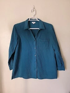 J JILL WAFFLE KNIT BOUSE SHIRT LARGE BLUE BUTTON UP RELAXED FIT - Picture 1 of 11
