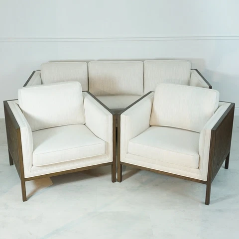 Transitional Ash wood 3 seater Sofa and 2 chairs white upholstery Cover